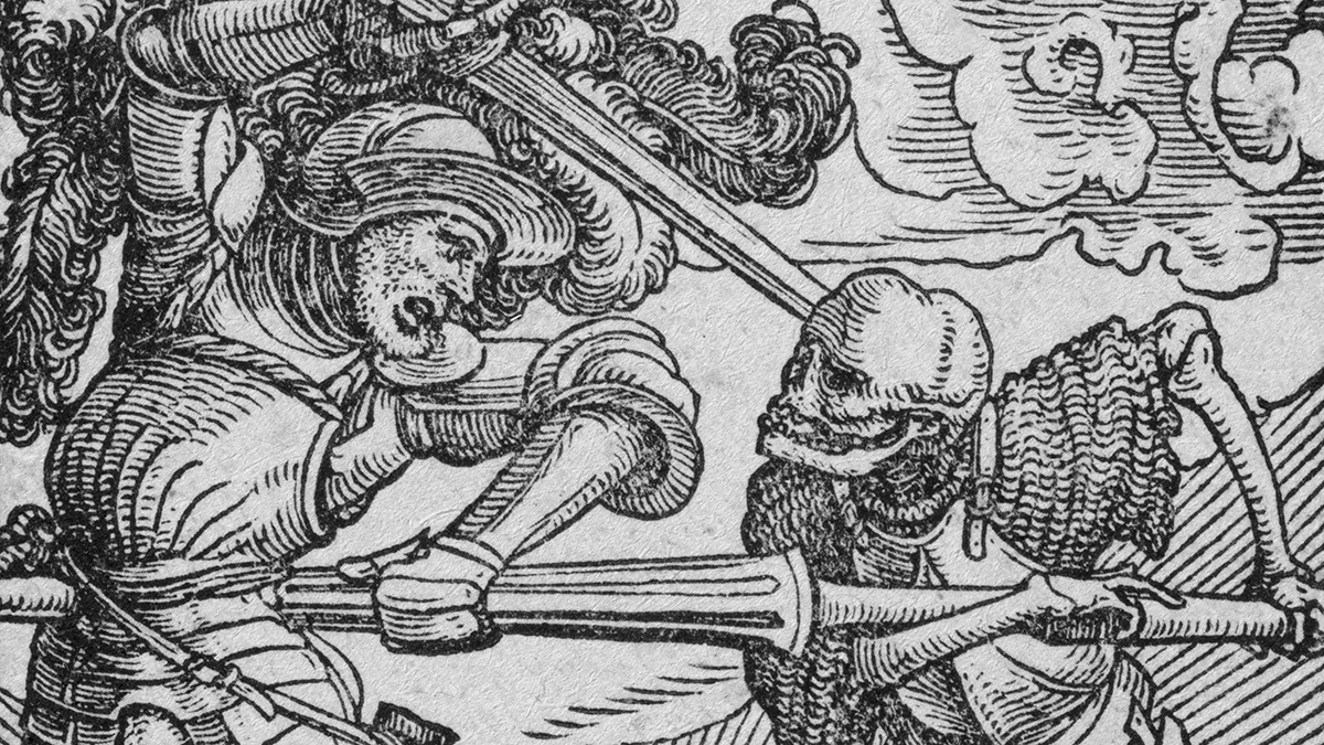 A knight fights a skeleton in a woodcut.